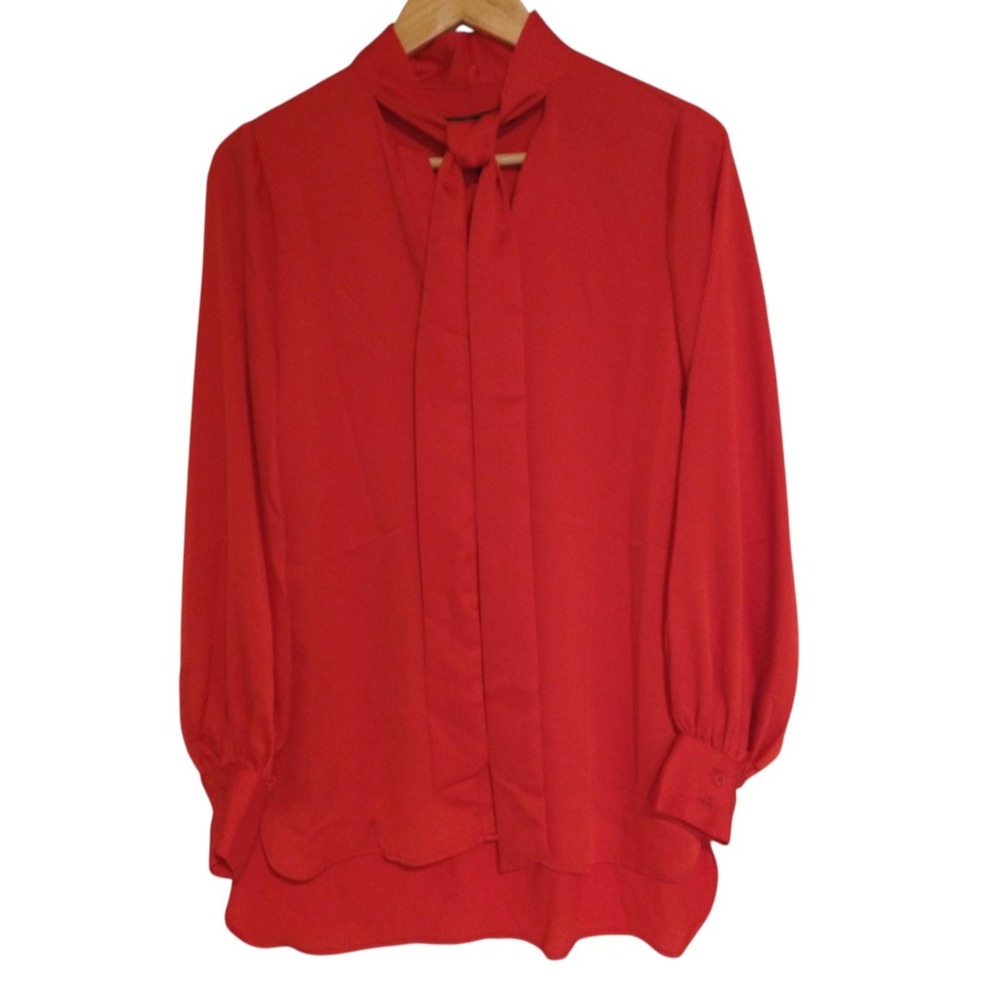 BCBG Maxazria NWT Blouse Shirt MSRP $178 Small Red Georgette Tie Neck Button Up
